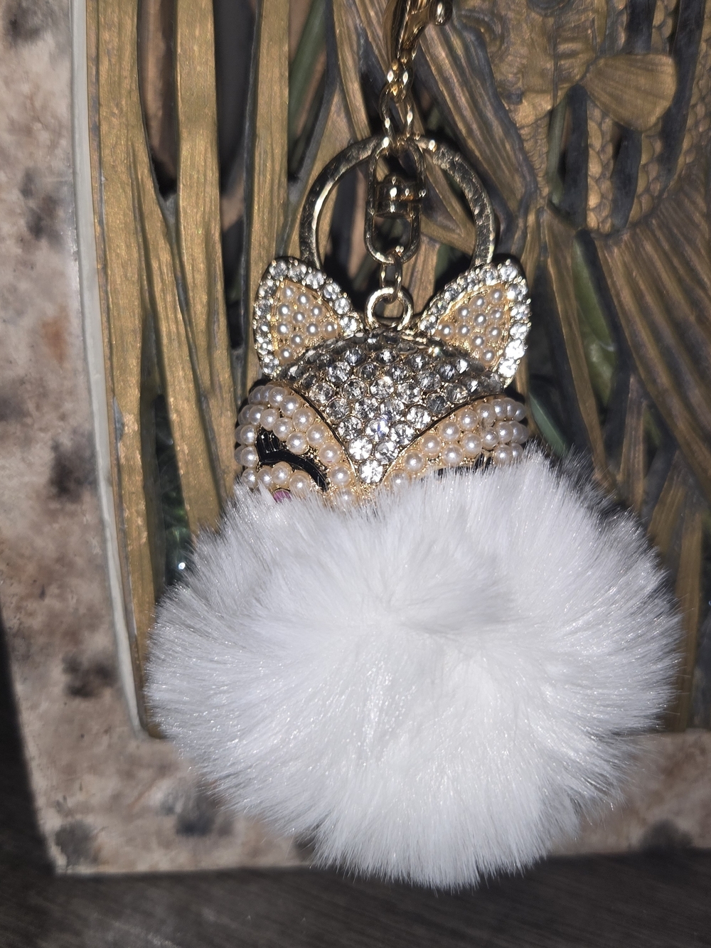 Crystal Fox Pom Pom Keychain